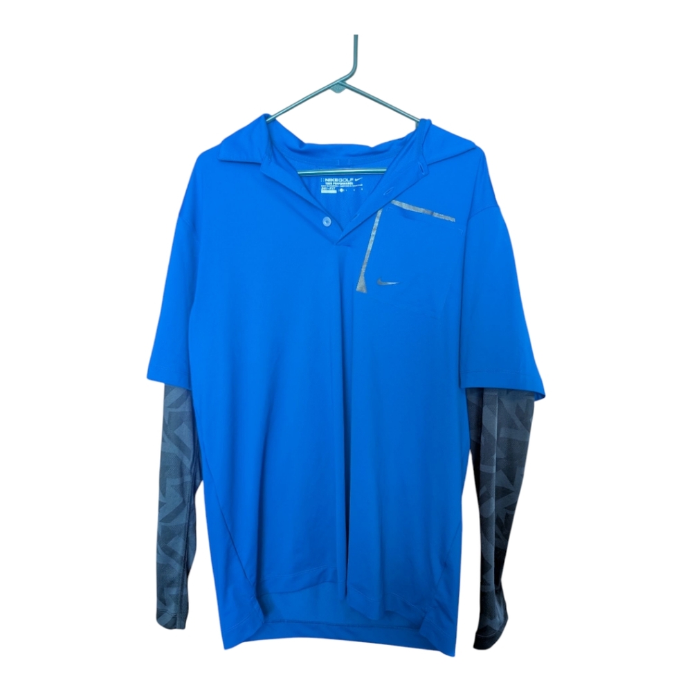 Nike Golf Tour Performance Dri Fit Men L Golf Polo Shirt Blue Black Long Sleeve